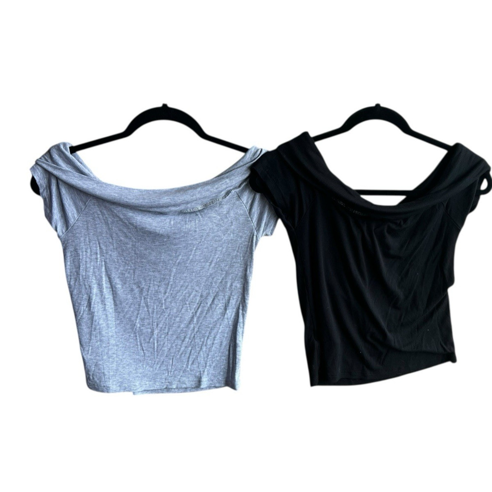 Cotton:On Crop Tee Off Shoulder Crop Top T-Shirt Short Sleeve M Gray and Black - Picture 8 of 9